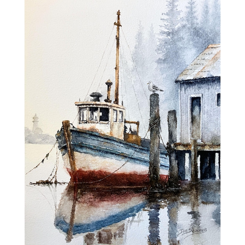 May include: A watercolor painting depicting a blue and white fishing boat moored at a wooden dock. A seagull perches on a piling near a small shed. In the background, a lighthouse is visible through the mist, with trees behind the structure.