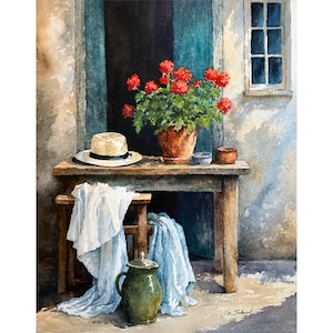 May include: A watercolour painting depicting a rustic wooden table holding a terracotta pot filled with vibrant red geraniums and a straw hat with a black band. Below, a wooden stool is draped with white and light blue fabric near a green pitcher.