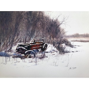 May include: Watercolour painting of a vintage, rusty red truck half-buried in snow. The truck is surrounded by bare trees and bushes, with a snowy field in the background. The artwork has a muted colour palette, evoking a winter scene.