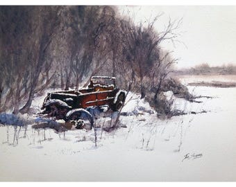 Original Watercolor Painting – Winter Farm Wagon Landscape – Rustic Farmhouse Wall Art