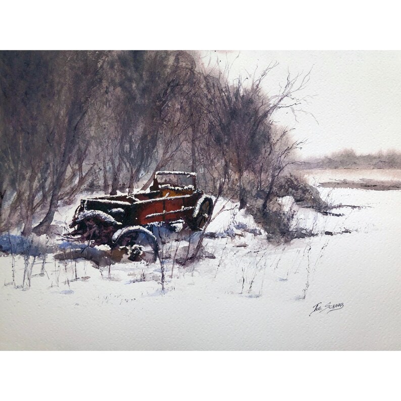 May include: Watercolour painting of a vintage, rusty red truck half-buried in snow. The truck is surrounded by bare trees and bushes, with a snowy field in the background. The artwork has a muted colour palette, evoking a winter scene.