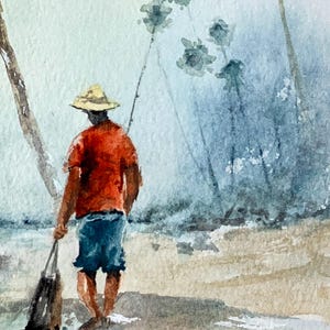 Original Watercolor Painting: Shoreline Fishing Under Palms – Coastal Beach Art bild 3