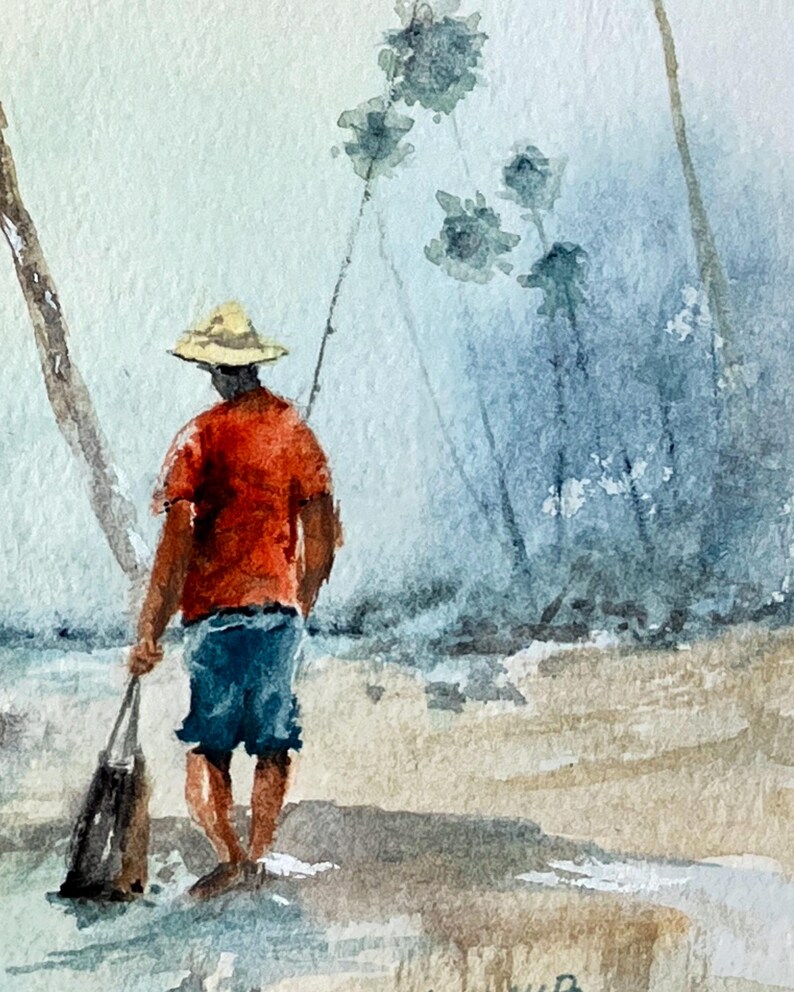 Original Watercolor Painting: Shoreline Fishing Under Palms – Coastal Beach Art bild 3