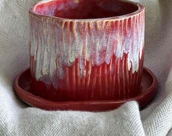 Handmade Red Stoneware Planter | Textured Pottery Plant Pot, Drainage