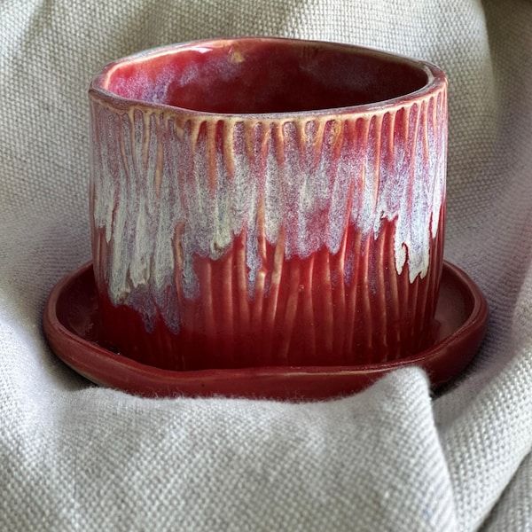Handmade Red Stoneware Planter | Textured Pottery Plant Pot, Drainage