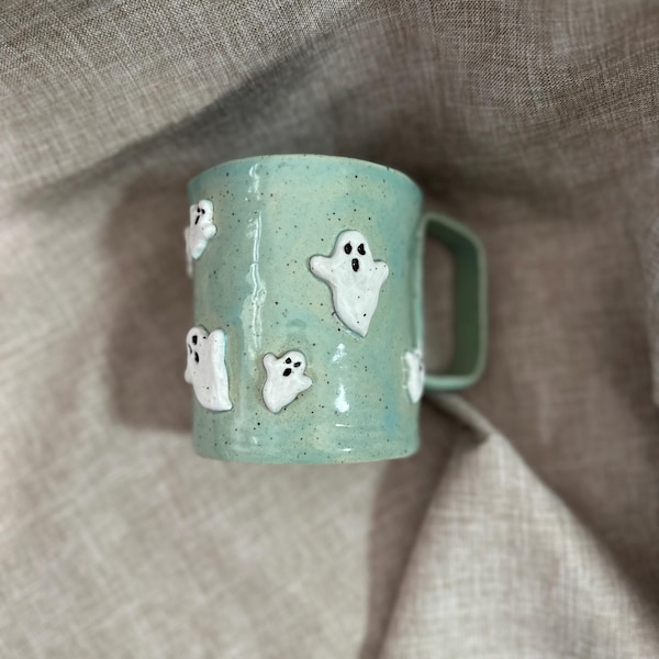 Teal Ceramic Ghost Mug | 14oz Coffee Mug | Slab Built Ceramics