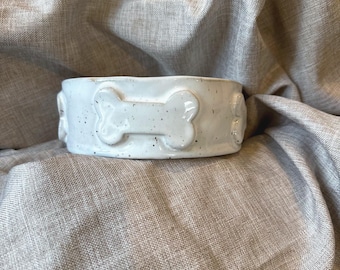 Handmade Ceramic Dog Bowl: Paw Print Stoneware Pet Dish, Blue Glaze
