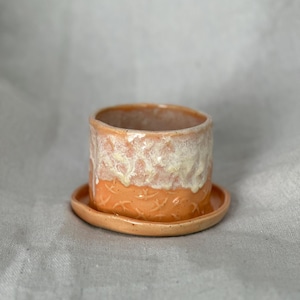 May include: A small ceramic planter with a matching saucer. The planter features a textured orange base with a repeating pattern and a thick, drippy white glaze covering the upper portion. The saucer is a solid, smooth orange ceramic finish.