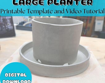 May include: A gray ceramic planter with a matching saucer. The planter is cylindrical with a slightly irregular top edge. The saucer has drainage holes. Text on the image reads "LARGE PLANTER Printable Template and Video Tutorial" and "DIGITAL DOWNLOAD".