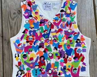NWT Lg Vintage 1997 Michael Simon New York Women’s Large Sweater Vest, People Pop Art Sleeveless Knit Abstract Tank, New with Tags