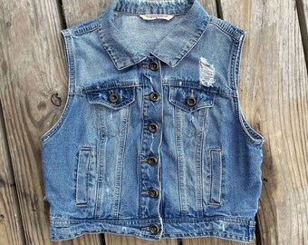 Highway Jeans Cropped Denim Jean Vest 90s Y2K Women’s Size Medium Distressed 2000’s Fashion Denim