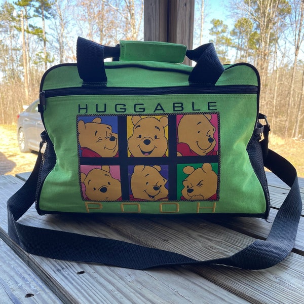 Winnie The Pooh Vintage Disney 19” Overnight Bag, Green Duffel Bag, Travel Shoulder Strap Carry On, 90’s Disney Store Merch, Embroidered