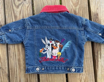 Vintage 6 MO Acme Looney Tunes Baby Unisex Child Jean Jacket "that's all folks" Embroidered, Corduroy Collar, 90s Denim Coat Baby Clothes