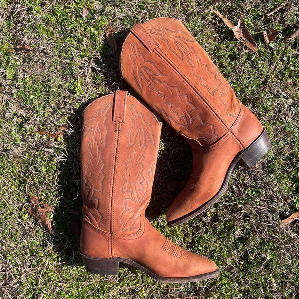 Vintage Dan Post 1995 Women’s Cowboy Boots 7M, Made in USA, 90’s Western Mid-Calf Brown Leather