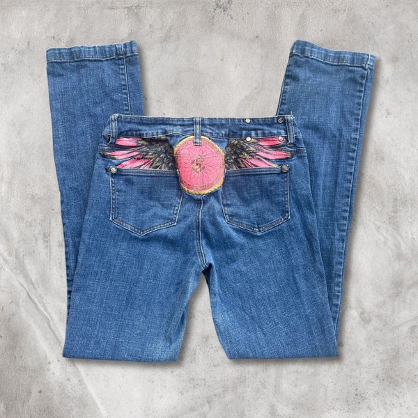 Rocawear 30W Women’s Painted Design Y2K Jeans Pink Wings Low Rise Denim Pants