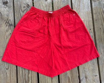 Koret High Waist Cotton Shorts for Women Red, Wide Leg, Stretchy Elastic Waist Size 25W - 30W Vintage Lightweight Mom Shorts, Bareback