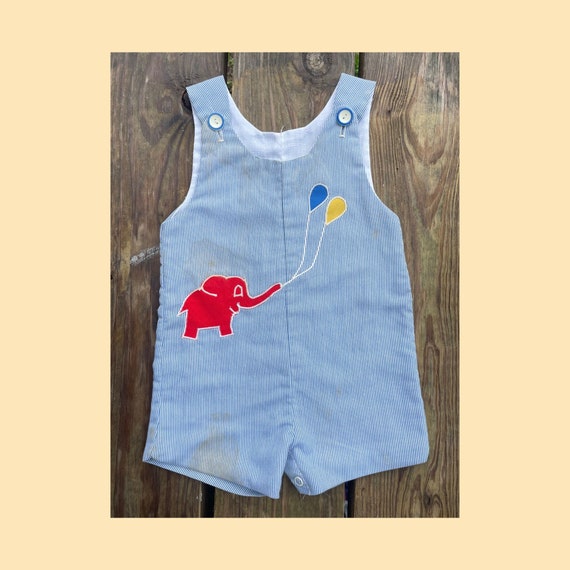 Vintage Alexis Striped 12 MO Overalls, Elephant w… - image 1