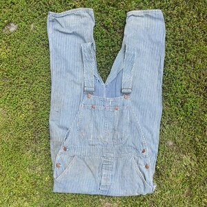 Vintage 32 X 31 RoundHouse Pin Striped Distressed Thrashed Denim Overalls Uni-Sex Utility Multi Pocket Carpenter Pants