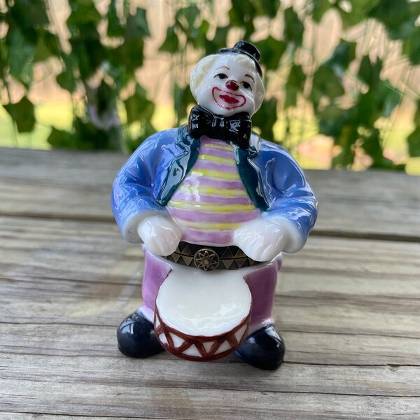 Herco Hinged Ceramic Clown with Drum Pill Box Treasure Box - Collectible Box - Japa