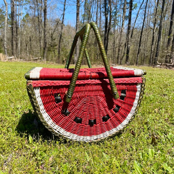 Vintage Watermelon Wicker Large Picnic Basket, Bead Seed, Double Handle and Lid, Summer Decor Cookout
