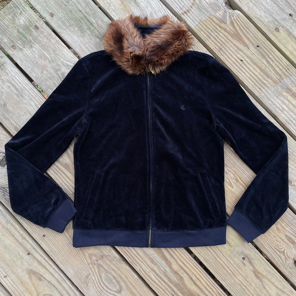 Lauren Ralph Lauren Full Zip Vintage Jacket Women’s SM Navy Blue, Velvet Velour, Removable Fur Collar Y2K