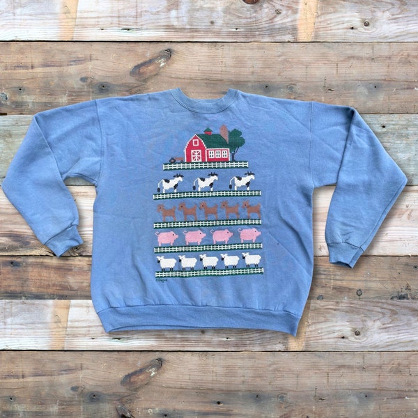 Vintage Medium 90’s Farm Barn Animals Country Life Sweatshirt Womens USA Made Cross Stitch GRAPHIC Pullover, Light Blue Front and Back Top