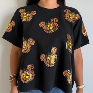 Sequin Magical Pumpkin Halloween Tee, Disney Oversized Crop Fit, Spooky Sparkly Shirt