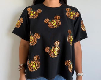 Sequin Magical Pumpkin Halloween Tee, Disney Oversized Crop Fit, Spooky Sparkly Shirt