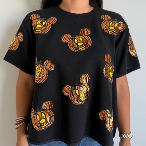 Sequin Magical Pumpkin Halloween Tee, Oversized Crop Fit, Spooky Sparkly Shirt