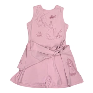 May include: A light pink romper with a sleeveless top and attached shorts, featuring a wrap-around waist tie. The top is adorned with line drawings of fairytale characters, including a princess and a ship.