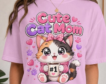 Cute Cat Mom Shirt, Kawaii Calico Kitten Tee, Cat Lover Gift, Coffee Lover T-Shirt, Pink Paw Print Graphic, Cute Kitty Tee