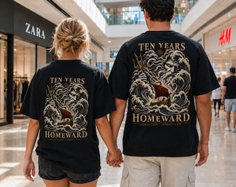 Greek Mythology T-Shirt, Poseidon and Stormy Sea Graphic, Ten Years Homeward Odyssey Inspired Design with Ancient Greek Ship and Ocean Waves