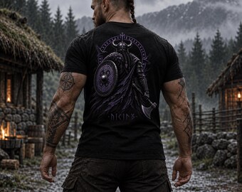 Viking Warrior T-Shirt, Norse Raven Tee, Purple Rune Shield Shirt, Nordic Metal Gift for Him