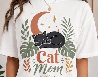 Boho Cat Mom Shirt, Celestial Black Cat Tee, Sleeping Cat Graphic, Botanical Moon Aesthetic, Cute Cat Lover Gift for Women
