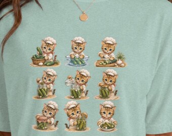 Cute Cat Chef Pickle Making T-Shirt, Kawaii Cooking Cat Tee, Funny Pickle Lover Shirt, Cottagecore Cat Lover Gift