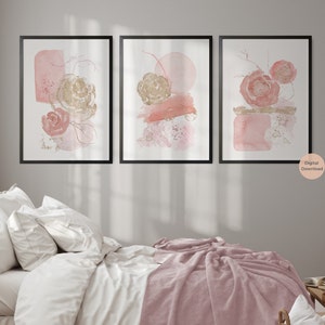 Floral Blush Pink and Gold Abstract Prints, Set of 3, Modern Wall Art ...