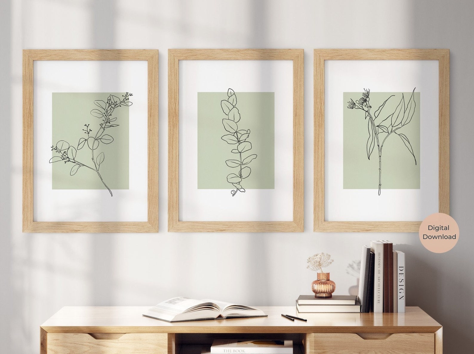 Sage Green Botanical Wall Art, Set of 3, Floral Line Art Print ...