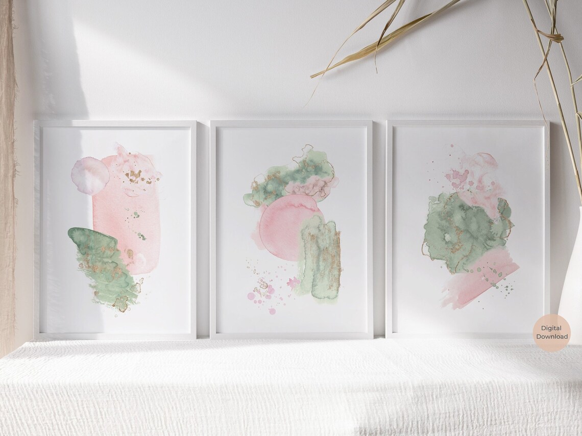 Sage Green and Pink Abstract Wall Art Set of 3 Blush Pink - Etsy