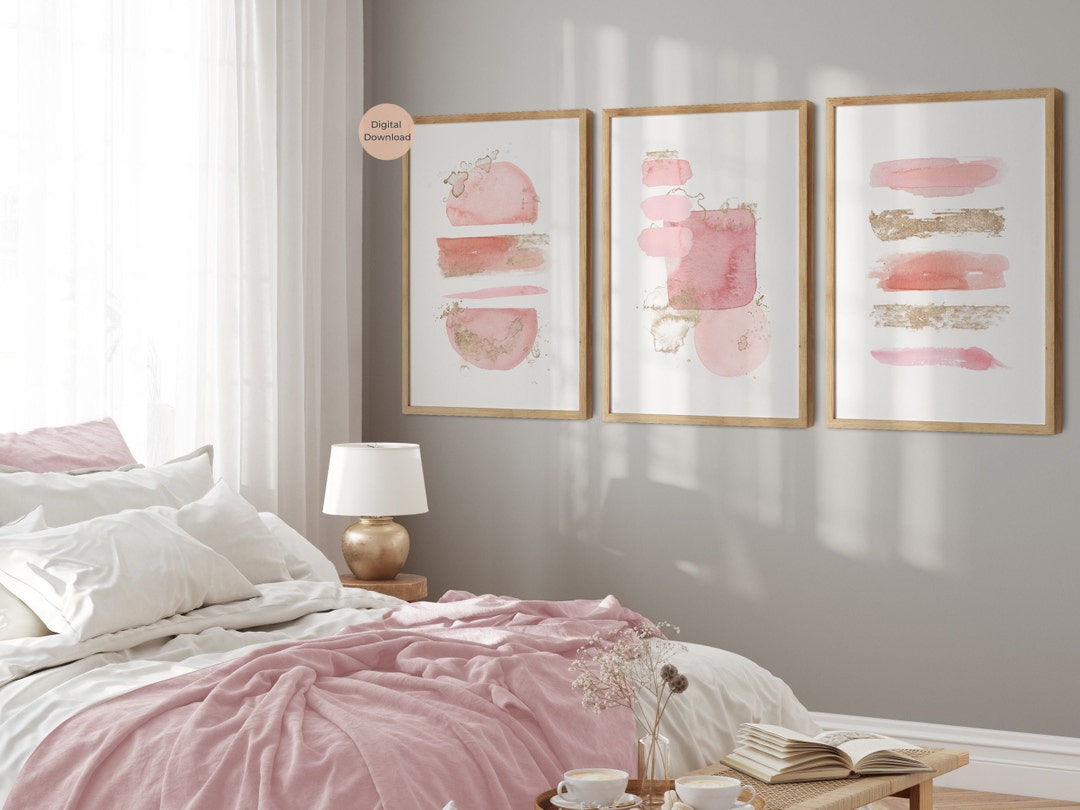 Blush Pink and Gold Abstract Prints, Set of 3, Minimalistic Wall Art ...