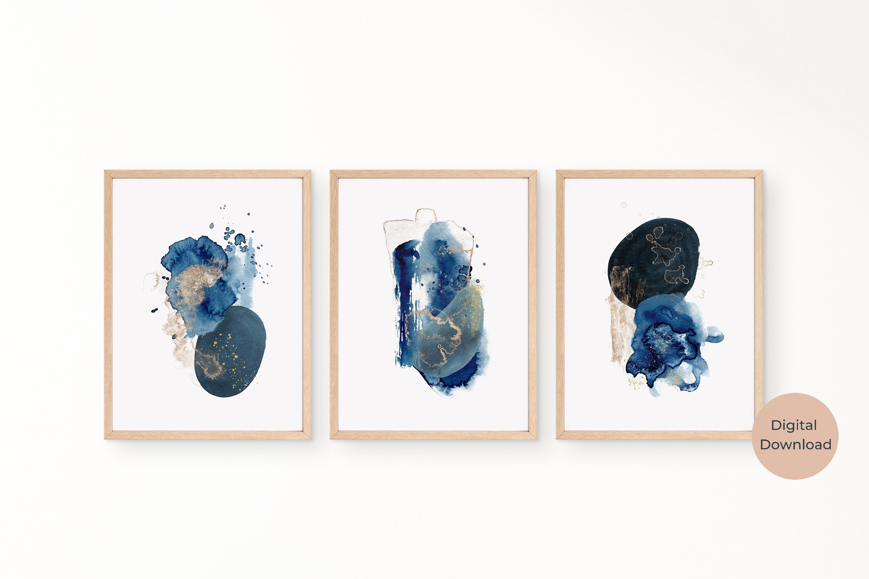 Navy Blue and Gold Abstract Art Print, Set of 3, Dark Inky Blue Wall ...