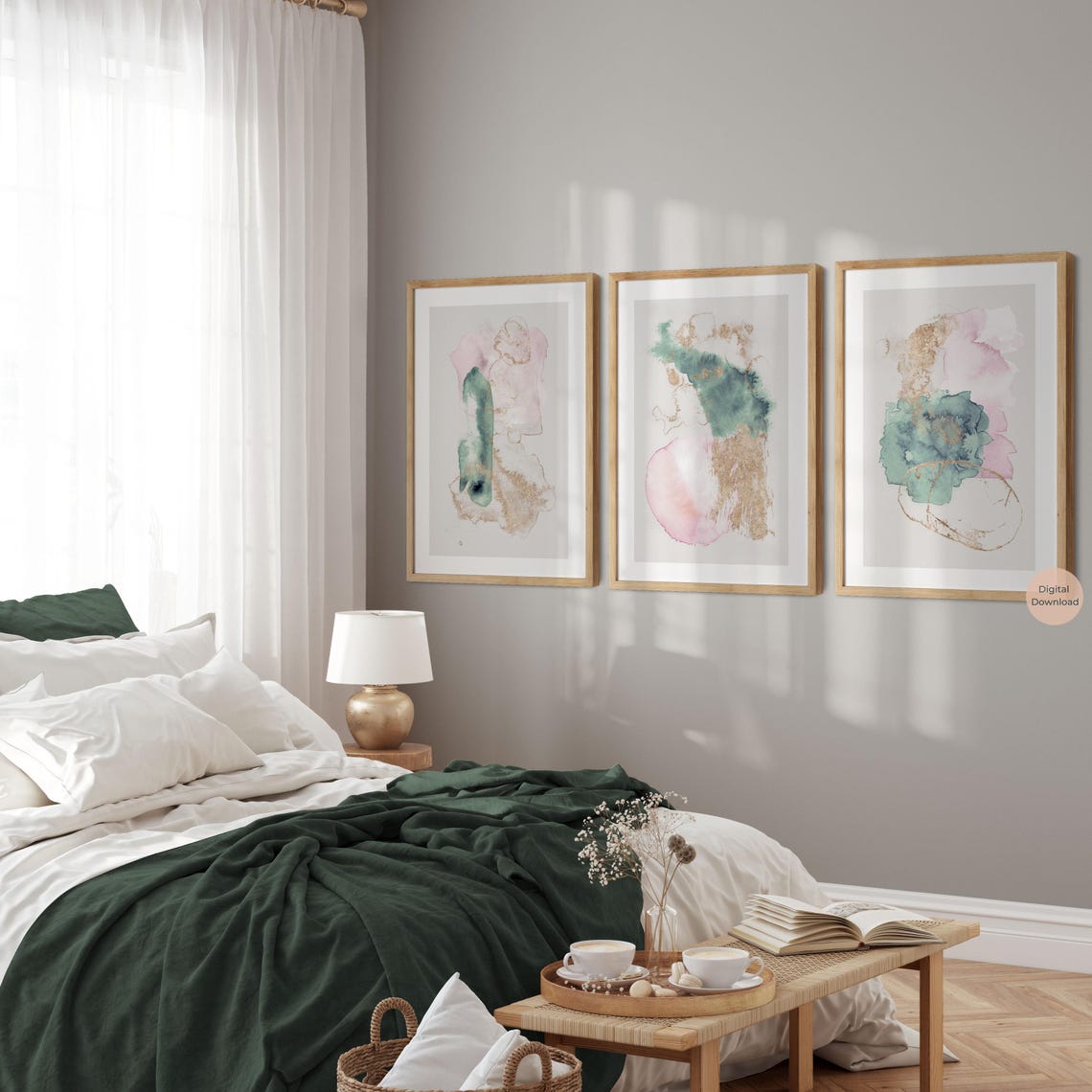 Sage Green and Pink Abstract Wall Art, Set of 3, Blush Pink and Gold ...