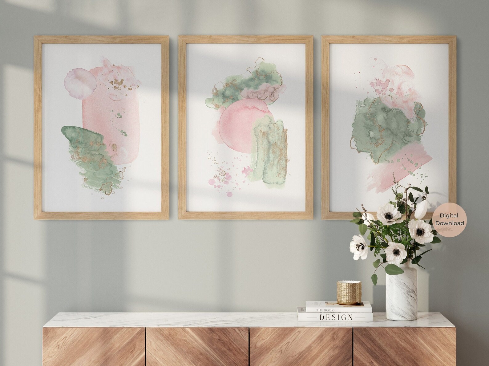 Sage Green and Pink Abstract Wall Art Set of 3 Blush Pink - Etsy