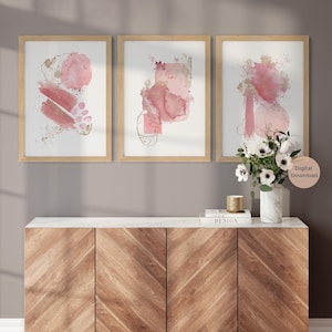 Blush Pink and Gold Abstract Prints, Set of 3, Modern Abstract Art, Dusty Pink Prints, Printable Wall Art, Bedroom Decor, Living Room Decor