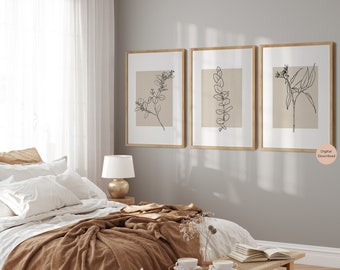 Botanical Line Drawing, Neutral and Beige Art Prints, Set of 3, Botanical Line Wall Art, Printable Wall Art, Neutral Home Décor