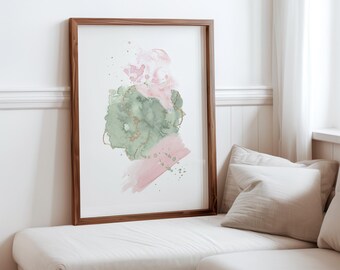 Arte de pared abstracto en verde salvia y rosa, rosa ruborizado y dorado, impresiones abstractas en acuarela, decoración de arte de pared minimalista, arte de pared imprimible n.º 3