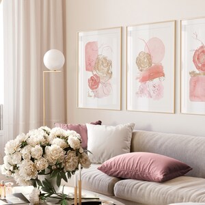 Floral Blush Pink and Gold Abstract Prints, Set of 3, Modern Wall Art ...