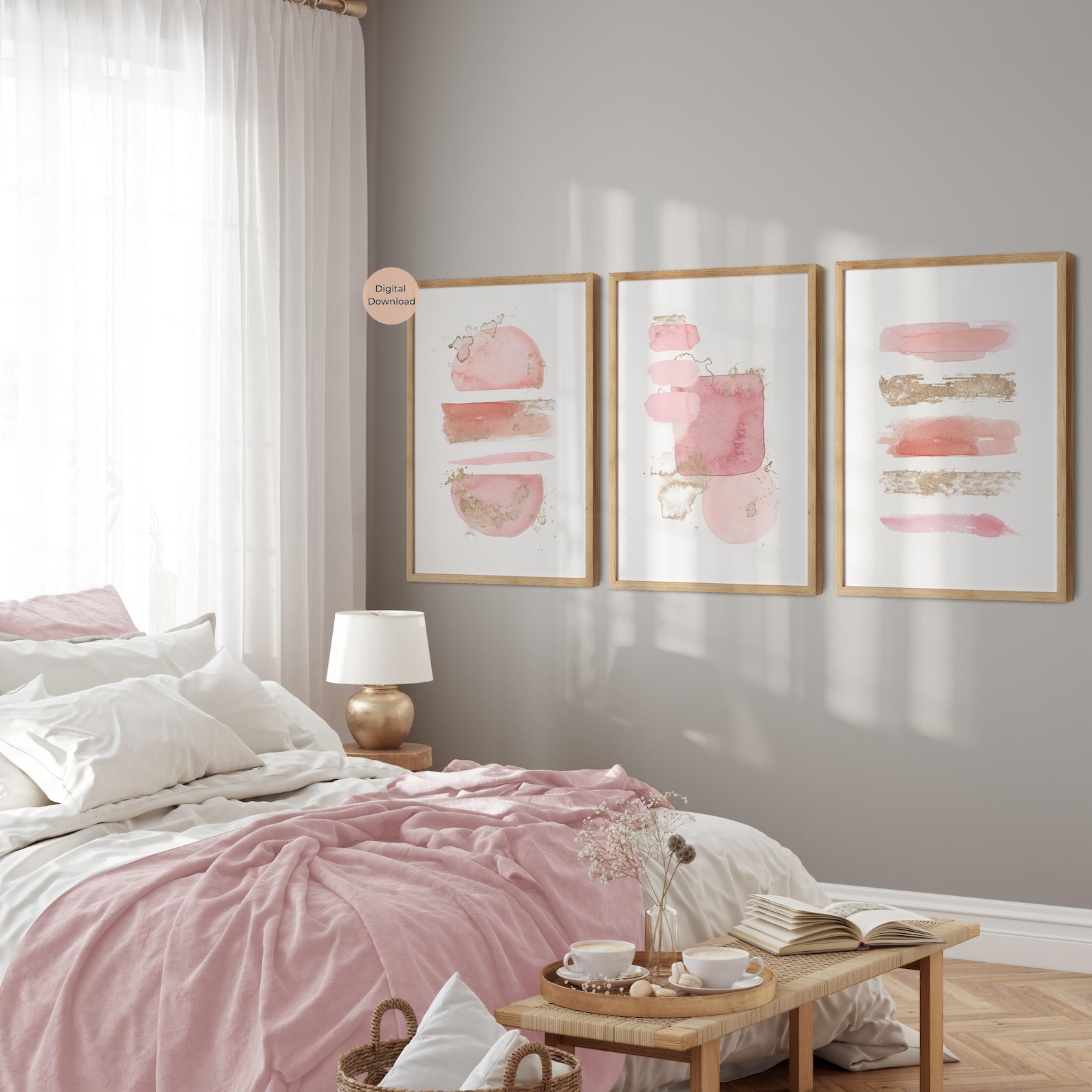 Blush Pink and Gold Abstract Prints, Set of 3, Minimalistic Wall Art ...