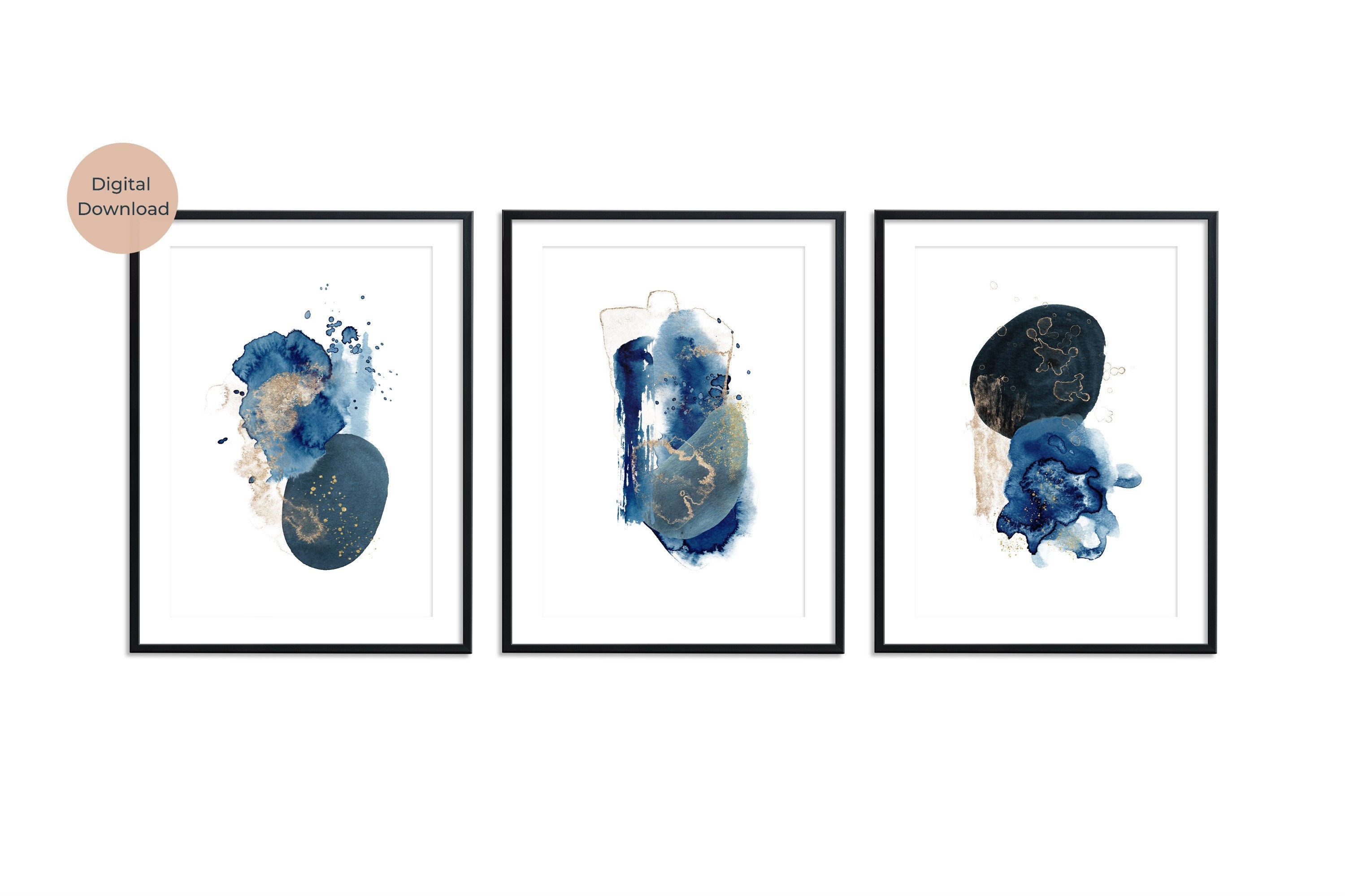 Navy Blue and Gold Abstract Art Print, Set of 3, Dark Inky Blue Wall ...