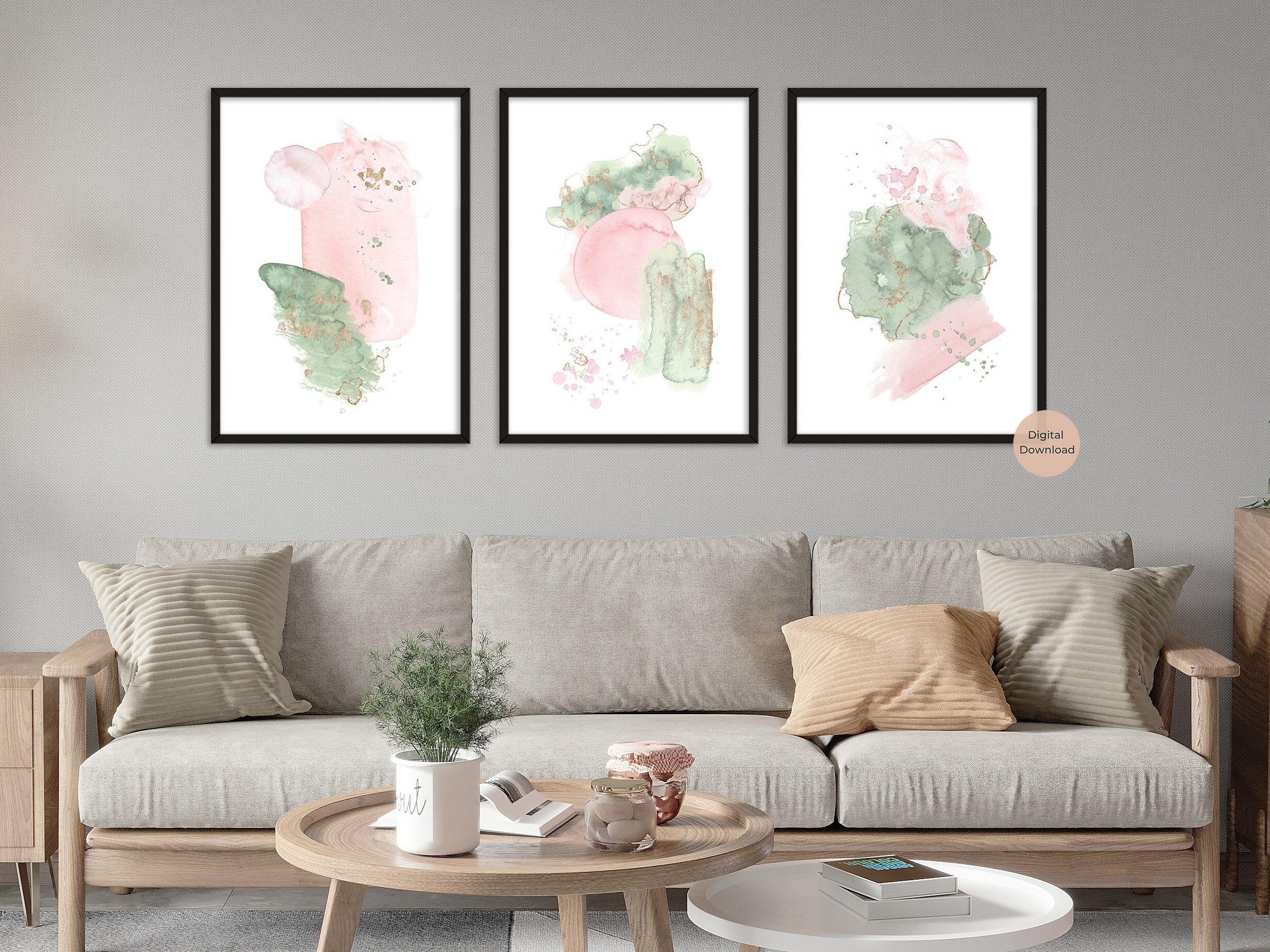 Sage Green and Pink Abstract Wall Art Set of 3 Blush Pink - Etsy Australia