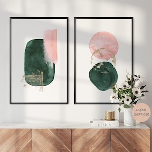 Emerald Green, Blush Pink and Gold Abstract Prints, Set of 2, Green Pink Minimalist Art Print, Printable Wall Art, Geometric Modern Abstract
